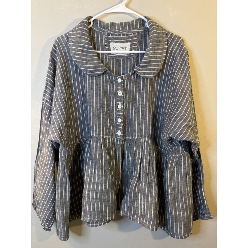 SWEET Gray & White Striped Linen Boxy Blouse L Boho Peter Pan Collar